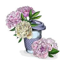 pivoines luxuriantes dans une tasse de café, vecteur dessiné à la main