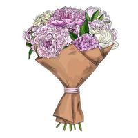 bouquet de pivoines roses, enveloppé dans du papier kraft vecteur