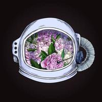 bouquet de pivoines roses dans un casque spatial sur bg foncé