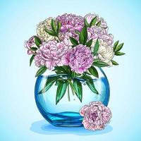 bouquet de pivoines roses luxuriantes dans un bocal à poissons bleu vecteur