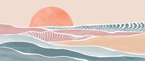ensemble d'impressions d'art en ligne modernes et minimalistes créatives. vagues océaniques abstraites arrière-plans esthétiques contemporains paysages. avec la mer, l'horizon, la vague. illustrations vectorielles vecteur