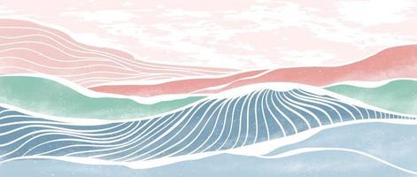 peinture moderne minimaliste créative et impression d'art en ligne. vagues océaniques abstraites et paysages d'arrière-plans esthétiques contemporains de montagne. avec la mer, l'horizon, la vague. illustrations vectorielles vecteur