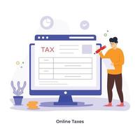 personne remplissant un formulaire de taxes en ligne, illustration plate vecteur