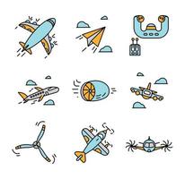 jeu d'icônes colorées liées à l'avion. vecteur