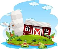 scène de ferme avec grange rouge et moulin à vent