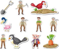 ensemble d'autocollants d'objets de ferme et de personnages de dessins animés d'agriculteurs vecteur