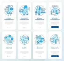 ensemble d'écrans d'application mobile d'intégration bleu de communication sur le lieu de travail. pages d'instructions graphiques en 4 étapes avec des concepts linéaires. ui, ux, modèle d'interface graphique. une myriade de polices pro-gras régulières utilisées vecteur