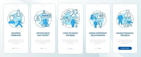 symptômes de l'écran de l'application mobile d'intégration bleu de jeu compulsif. pas à pas en 5 étapes pages d'instructions graphiques avec des concepts linéaires. ui, ux, modèle d'interface graphique. une myriade de polices pro-gras régulières utilisées vecteur