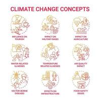 ensemble d'icônes de concept de gradient rouge de changement climatique. idée de réchauffement climatique illustrations en couleur de ligne mince. dessins de contour isolés. trait modifiable. roboto-medium, une myriade de polices pro-gras utilisées vecteur