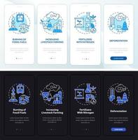 raisons du changement climatique nuit, écran d'application mobile d'intégration en mode jour. pages d'instructions graphiques en 4 étapes avec des concepts linéaires. ui, ux, modèle d'interface graphique. myriade de polices pro-gras régulières utilisées vecteur