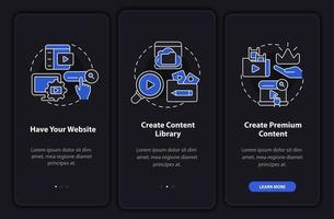 écran d'application mobile d'intégration en mode nuit vidéo à la demande. pas à pas de contenu pages d'instructions graphiques en 3 étapes avec des concepts linéaires. ui, ux, modèle d'interface graphique. une myriade de polices pro-gras régulières utilisées vecteur