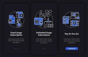 types d'écran d'application mobile d'intégration en mode nuit d'abonnement. pages d'instructions graphiques en 3 étapes avec des concepts linéaires. ui, ux, modèle d'interface graphique. une myriade de polices pro-gras régulières utilisées vecteur