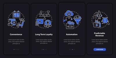 avantages de l'écran d'application mobile d'intégration en mode nuit d'abonnement. pages d'instructions graphiques en 4 étapes avec des concepts linéaires. ui, ux, modèle d'interface graphique. une myriade de polices pro-gras régulières utilisées vecteur