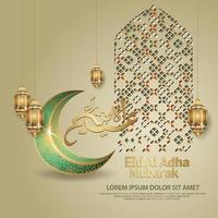 salutation islamique avec calligraphie eid al adha, symbole kaaba, lanterne et ornement en mosaïque. illustration vectorielle vecteur