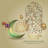 salutation islamique avec calligraphie eid al adha, symbole kaaba, lanterne et ornement en mosaïque. illustration vectorielle vecteur