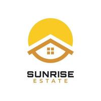 soleil et maison, maison du lever du soleil du matin pour le logo de l'hypothèque immobilière vecteur