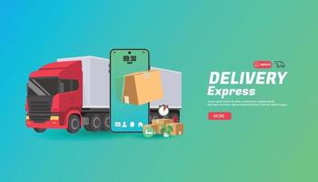 livraison en ligne express avec concept de smartphone, suivi de commande en ligne, livraison à domicile et au bureau. entrepôt, camion vecteur