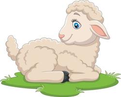 dessin animé heureux agneau assis sur l'herbe vecteur