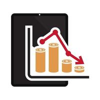 icône plate une récession ou un krach boursier avec une flèche rouge et un graphique isolé sur la tablette vecteur