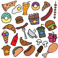 doodle icônes de restauration rapide. icônes de jeu de restauration rapide, fond de restauration rapide. icônes de nourriture sur fond blanc. main noyer illustration vectorielle avec des icônes de restauration rapide vecteur
