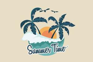 badge d'été avec palmier et vagues vecteur