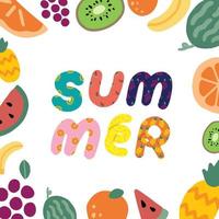 illustration vectorielle dessinés à la main du texte de l'été et du cadre de fruits sur fond blanc. fond d'écran abstrait de griffonnage.