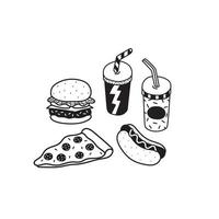 illustration vectorielle dessinée à la main de hamburger, pizza, hot-dog, boisson non alcoolisée en style cartoon vecteur