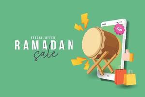 modèle de bannière de vente ramadan avec des achats en ligne de tambour sur des applications mobiles vecteur
