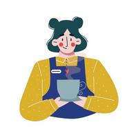 jeune femme barista avec une tasse de café ou de thé. illustration vectorielle plane. vecteur