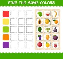 retrouver les mêmes couleurs de fruits. jeu de recherche et d'association. jeu éducatif pour les enfants d'âge préscolaire et les tout-petits vecteur