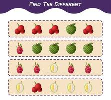 trouver les différences entre les fruits de dessin animé. jeu de recherche. jeu éducatif pour les enfants d'âge préscolaire et les tout-petits vecteur