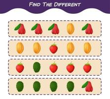 trouver les différences entre les fruits de dessin animé. jeu de recherche. jeu éducatif pour les enfants d'âge préscolaire et les tout-petits vecteur