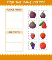 retrouver les mêmes couleurs de fruits. jeu de recherche et d'association. jeu éducatif pour les enfants d'âge préscolaire et les tout-petits vecteur