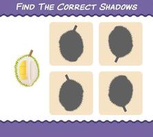 trouver les ombres correctes des durians de dessins animés. jeu de recherche et d'association. jeu éducatif pour les enfants d'âge préscolaire et les tout-petits vecteur