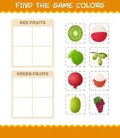 retrouver les mêmes couleurs de fruits. jeu de recherche et d'association. jeu éducatif pour les enfants d'âge préscolaire et les tout-petits vecteur