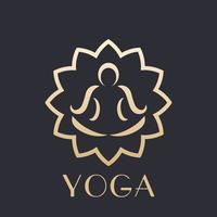 élément de logo de yoga, contour de l'homme en position du lotus faisant de la méditation, or sur noir vecteur