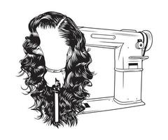 perruque de cheveux et illustration de dessin vectoriel de machine à coudre