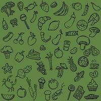 motif vert avec des icônes de nourriture. fond de nourriture de griffonnage vecteur