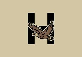 illustration d'art en ligne d'aigle volant avec lettre initiale h vecteur