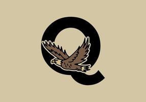 illustration d'art en ligne d'aigle volant avec lettre initiale q vecteur