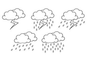 thème météo dessiné à la main, avec éclairs et pluie pendant la journée vecteur