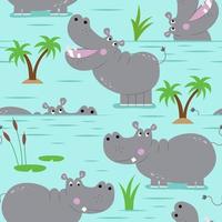conception de modèle d'hippopotame avec plusieurs hippopotames - doodle drôle dessiné à la main, modèle sans couture. affiche de lettrage ou conception graphique textile de t-shirt. papier peint, papier d'emballage, arrière-plan. vecteur