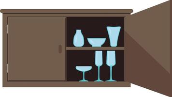 illustration vectorielle de placard. armoire avec une porte légèrement ouverte et de la vaisselle sur les étagères vecteur