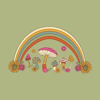 champignons, arcs-en-ciel et fleurs. concept de design hippie. style vintage. illustration vectorielle plane dessinée à la main. vecteur
