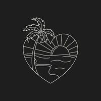 badge avec mer, soleil et palmier en forme de coeur. illustration vectorielle de contour dessiné à la main. vecteur