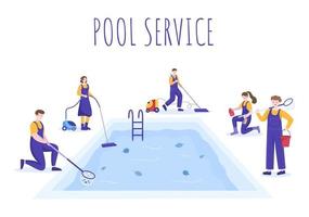 travailleur de service de piscine avec balai, aspirateur ou filet pour l'entretien et le nettoyage de la saleté en illustration de dessin animé plat vecteur
