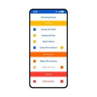 modèle de vecteur d'interface de smartphone de programme de nettoyage de maison. mise en page de conception blanche de la page de l'application mobile. calendrier de nettoyage, écran organisateur. interface utilisateur plate pour l'application. liste de choses à faire hebdomadaire. affichage du téléphone