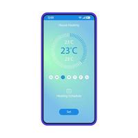 modèle vectoriel d'interface de smartphone d'application de contrôle de chauffage domestique. mise en page de conception bleue de la page mobile. écran d'application du contrôleur de chaleur à distance. interface utilisateur plate. affichage intelligent du téléphone du logiciel de domotique