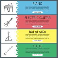 ensemble de modèles de bannière web d'instruments de musique. piano, guitare électrique, balalaïka, flûte. éléments de menu couleur du site Web avec des icônes linéaires. concepts de conception d'en-têtes vectoriels