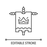 icône linéaire du drapeau du roi médiéval. armoiries royales. bannière héraldique avec couronne. illustration de la ligne mince. symbole de contour. dessin de contour isolé de vecteur. trait modifiable vecteur